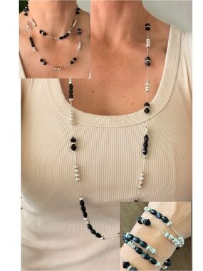 Chaps Black and Silver Long Beaded Necklace versatile